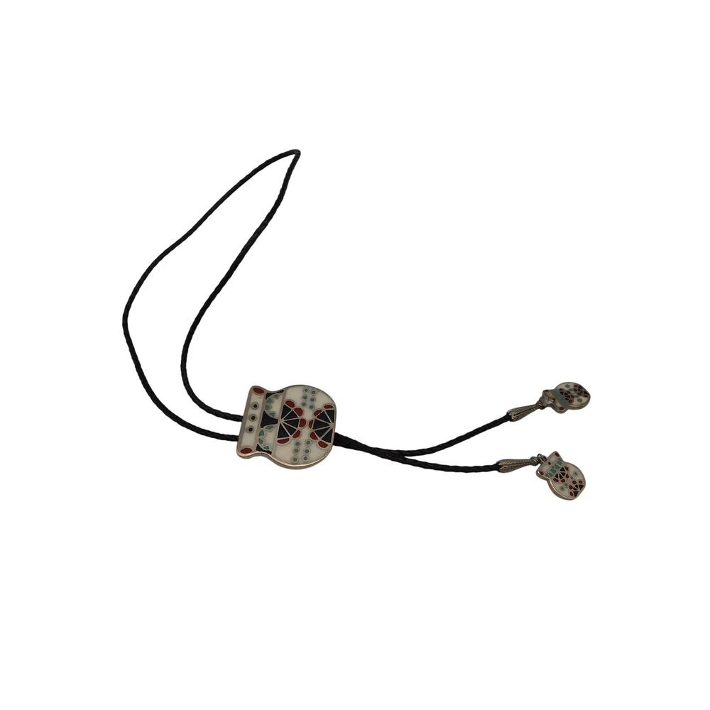 Vintage Braided Leather Bolo Tie with Enameled Geometric Southwest Slide